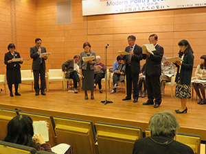 Moon Chung-hee reads at the event