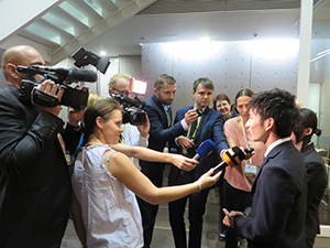 Japanese students being interviewed by Czech media